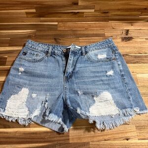 Distressed High-Rise Women's Denim Shorts - Light Blue